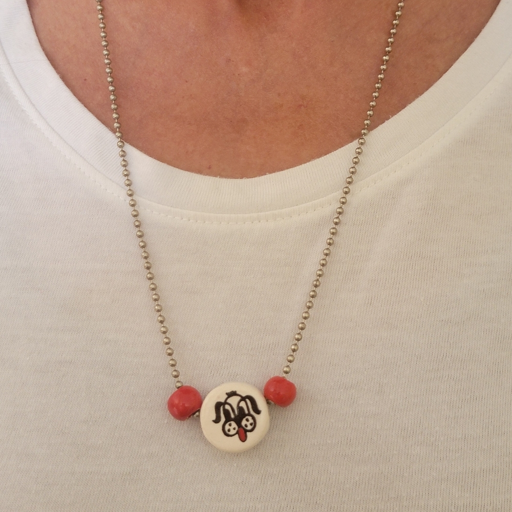 Handcrafted Cute Doggie Flat Bead Flanked By Red Beads On Beaded Silver Chain